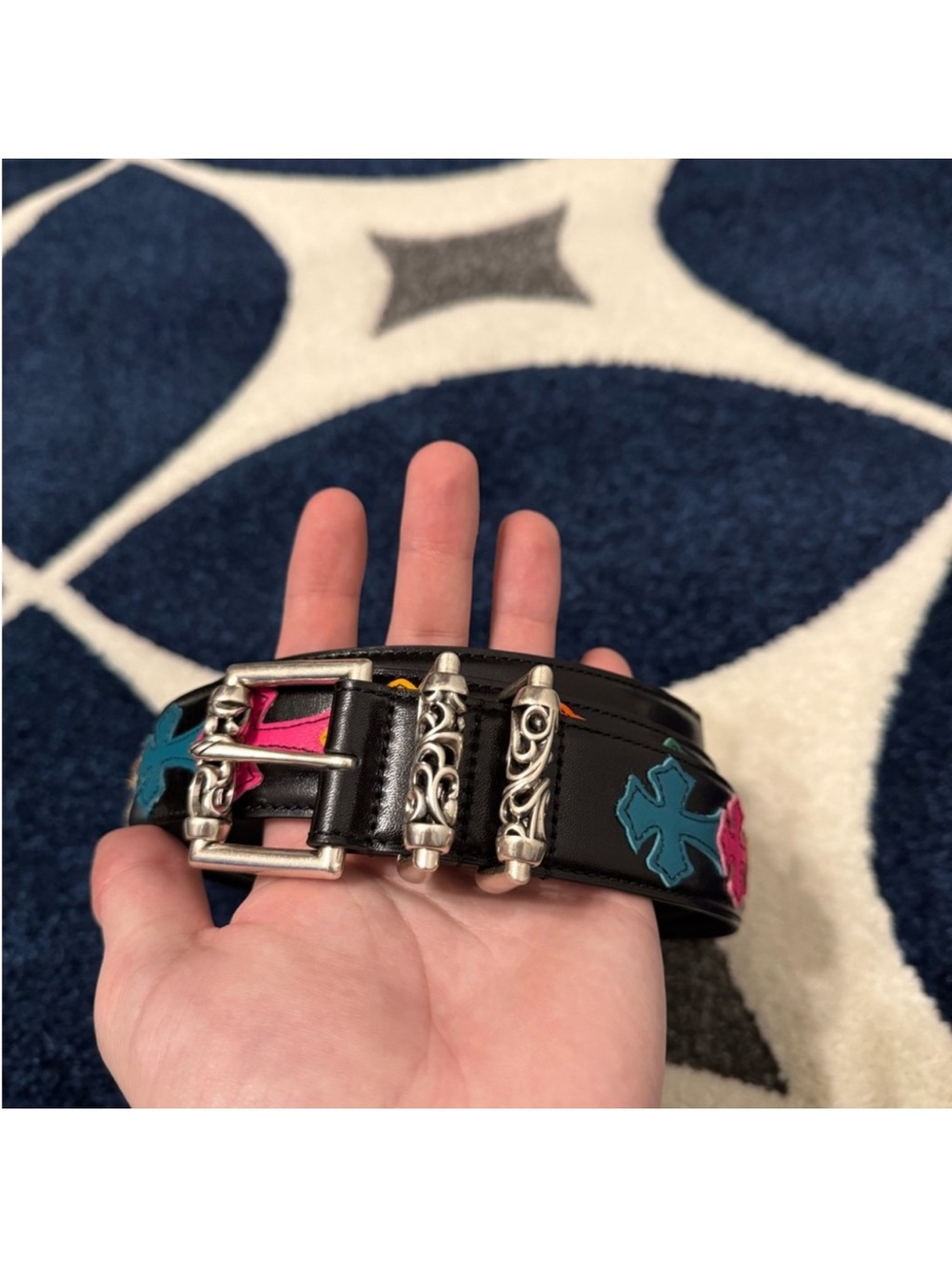 Chrome Hearts Roller Belt With Multi Color Cross Patch Leather Strap Size 38 in.